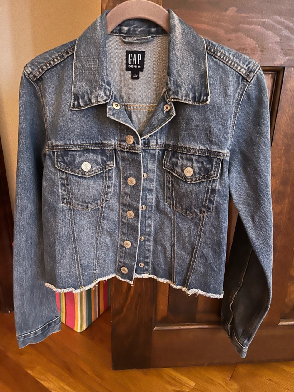 GAP Light Blue Raw-Hem Cropped Denim Jacket